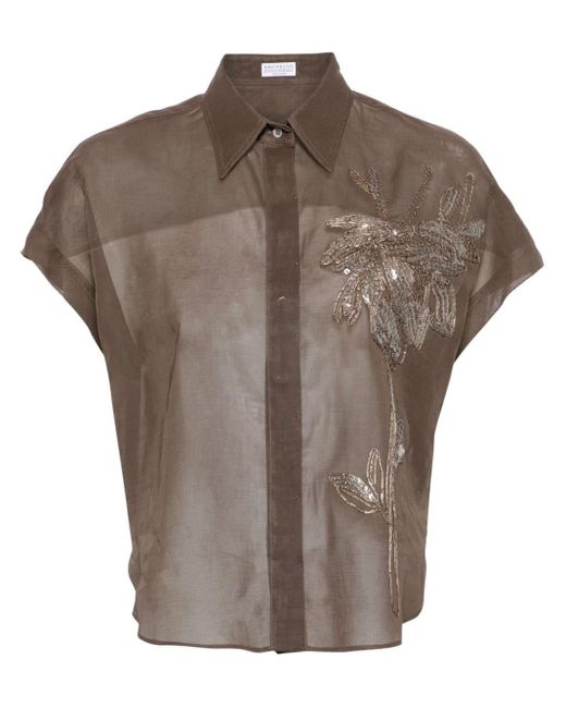 Brunello Cucinelli Brown Besticktes transparentes Hemd