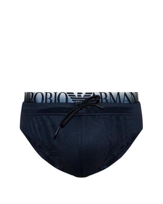 Emporio Armani Blue Logo-Waistband Drawstring-Fastening Swim Briefs for men