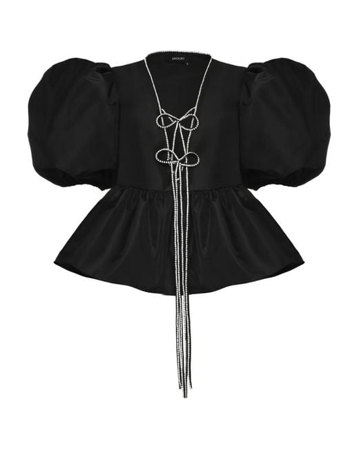 Anouki Black Puff-Sleeve Tie-Front Blouse