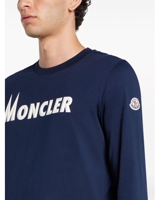 Moncler Blue Logo-print Long-sleeve Cotton T-shirt for men