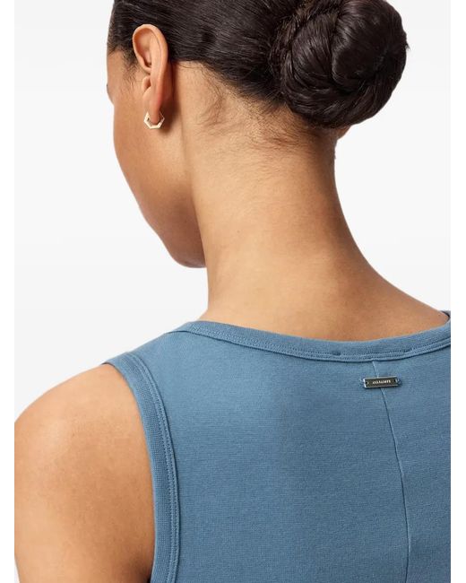 AllSaints Blue Boat Neck Ruched Slim Fit Sleeveless Dress