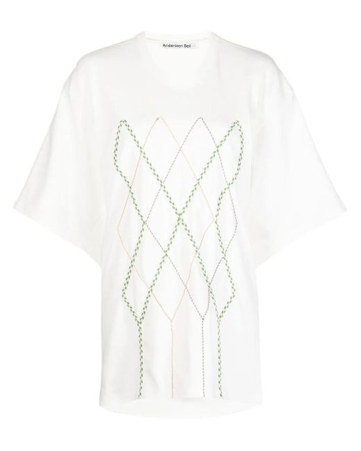 ANDERSSON BELL White Argyle String Embroidery Oversize T-Shirt