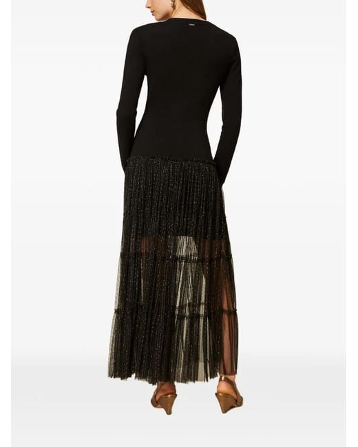 Twinset Black Long Knit Dress With Plumetis Tulle