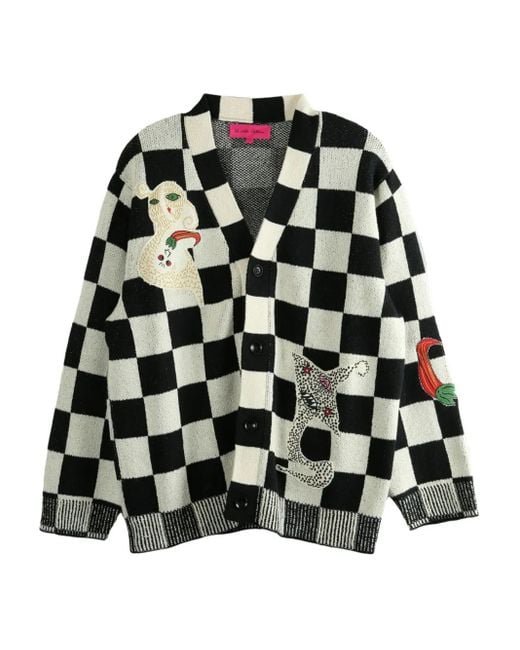 The Elder Statesman Black Nora Lite Creatures Check-Pattern Embroidered Cardigan for men
