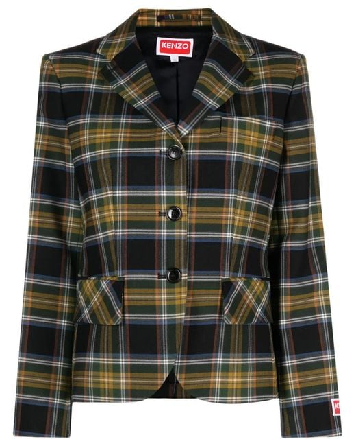 KENZO Black Tartan-Check Single-Breasted Blazer