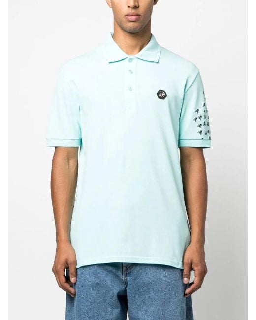 Philipp Plein Blue Skull And Bones Cotton Polo Shirt for men