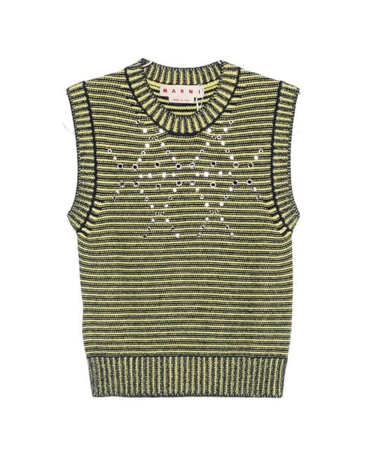 Marni Green Eyelet-Embellished Striped Sweater