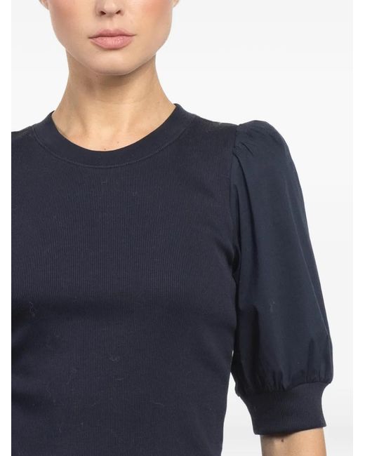 Veronica Beard Blue Coralee Puff-Sleeve Ribbed Top