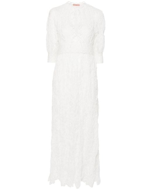 Ermanno Scervino White Floral-embroidered Seersucker Maxi Dress
