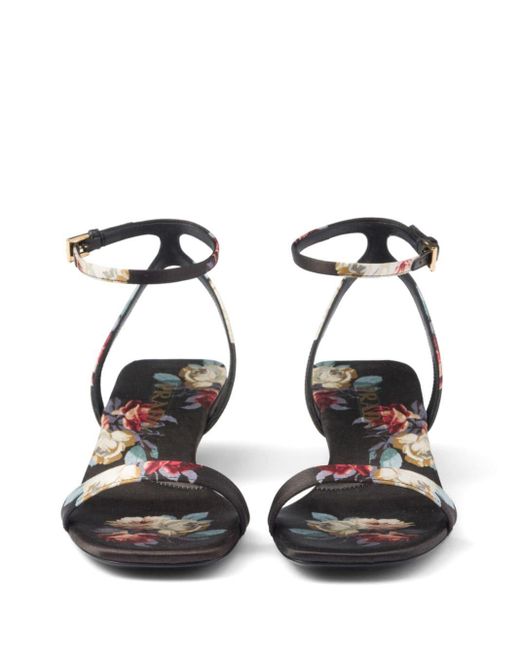 Prada Black Floral-print Satin Sandals