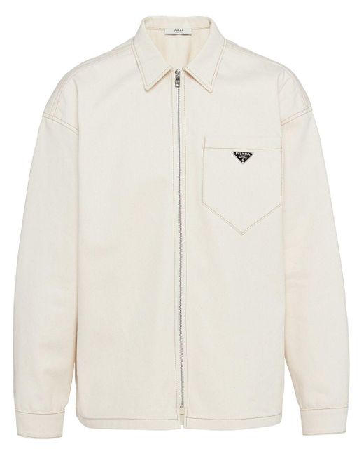Prada White Triangle-logo Zip-up Shirt Jacket for men