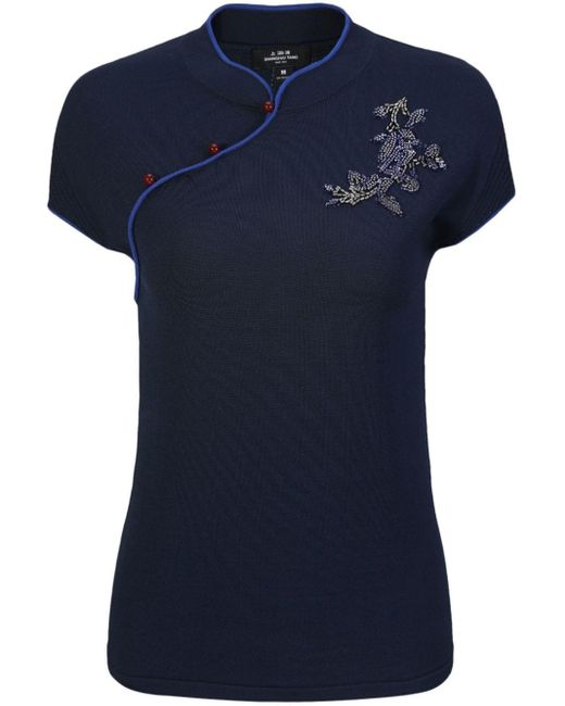 Shanghai Tang Blue Hollyhock Floral-embroidered Top