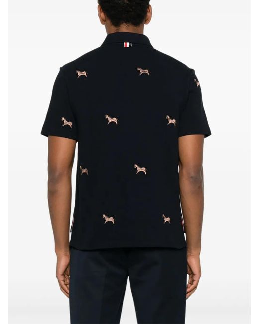 Thom Browne Black Pique Horse-Embroidery Polo Shirt for men