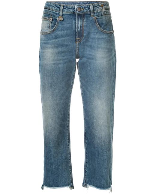 R13 Blue Cropped Relaxed Fit Denim Pants With Flared Legs And Raw Hems