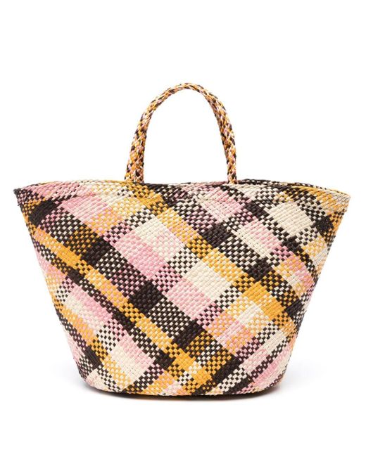 Ulla Johnson Pink Plaid-pattern Woven Tote Bag