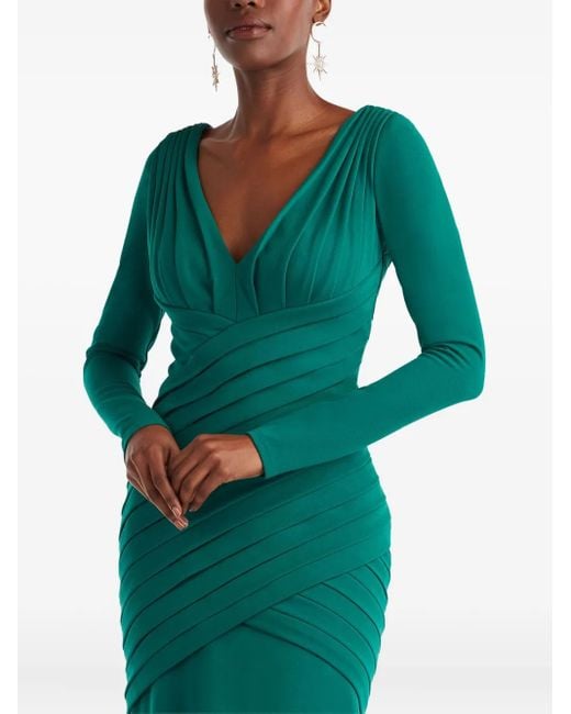 Tadashi Shoji Green Pleated Long-Sleeve Maxi Dress