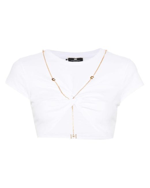 Elisabetta Franchi White Chain-link Cropped Cotton T-shirt