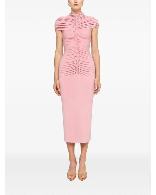 Nissa Pink Ruched Midi Dress