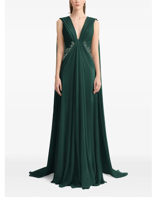 Gemy Maalouf Green Draped V-Neck Beaded Maxi Dress