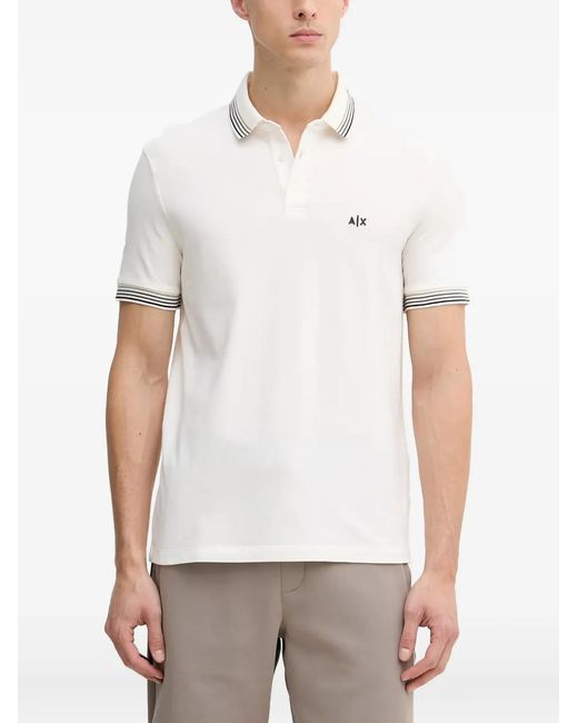 ARMANI EXCHANGE White Logo-Embroidered Stripe-Trim Polo Shirt for men