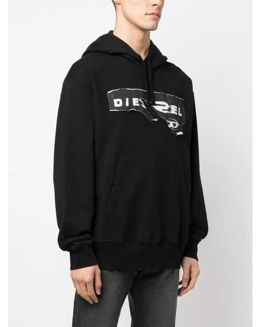 DIESEL Black Ripped Logo Print Hoodie for men