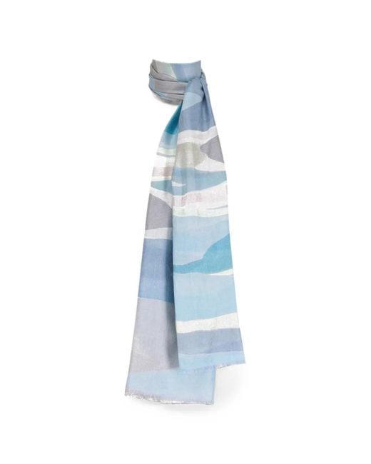 Kinross Cashmere Blue Abstract-Pattern Frayed-Edge Scarf
