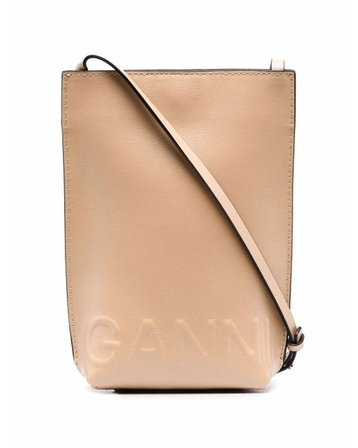 Ganni Leather Mini Logoembossed Crossbody Bag in Natural Lyst