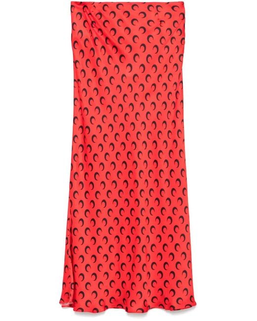 MARINE SERRE Red Crescent Moon-Print Satin Midi Skirt