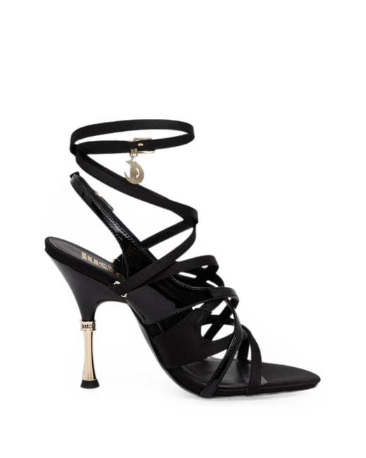 Just Cavalli Black Strappy Logo-Charm Sandals