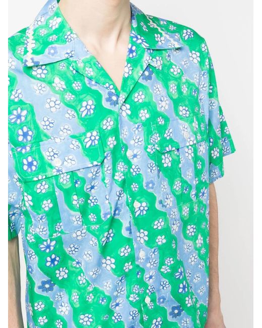 Marni Blue Floral-Print Short-Sleeved Shirt for men