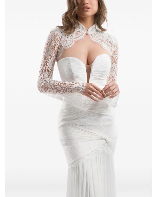 IMROSKA White Crystal Forest Pleated Draped-Bodice Gown