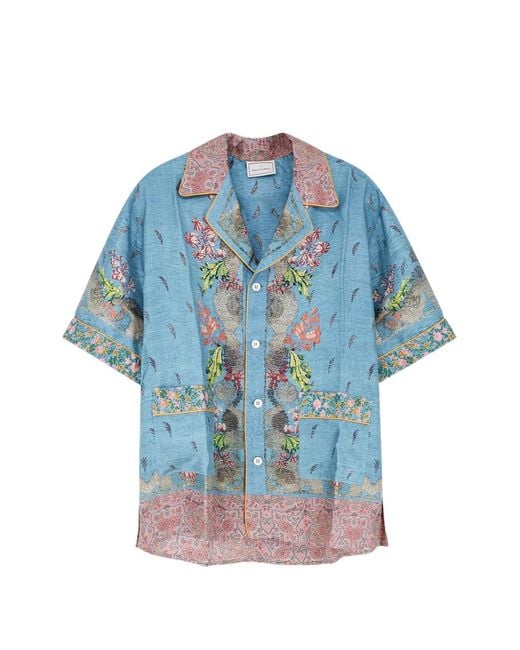 Pierre Louis Mascia Blue Floral-Print Silk Shirt