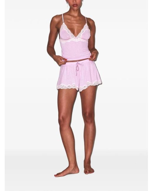 Fleur du Mal Pink Lace-Trim Ribbed Top