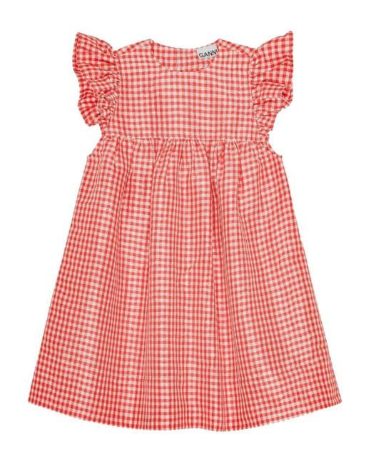 Ganni Red Gingham-Print Dress