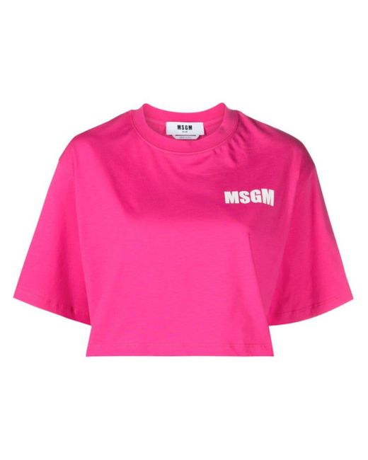 MSGM Pink Logo-print Cotton Cropped T-shirt