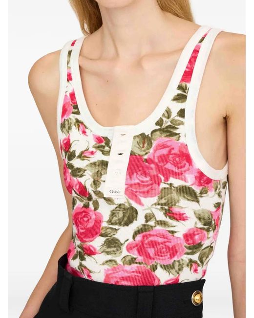 Chloé Pink Henley Floral-Print Tank Top