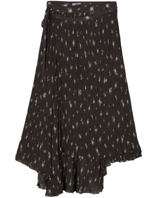 Bimba Y Lola Black Floral-print Pleated Skirt