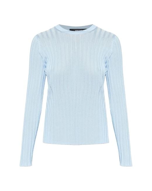 Versace Blue Ribbed Knit Viscose-Blend Crewneck Top