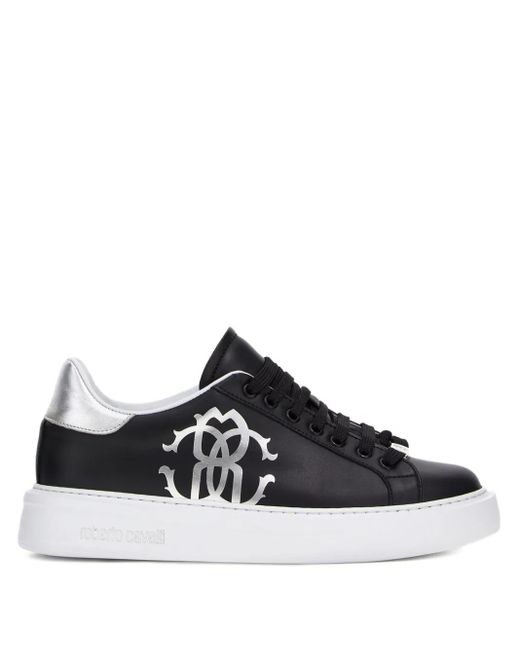 Roberto Cavalli Black Mirror Snake-Print Sneakers