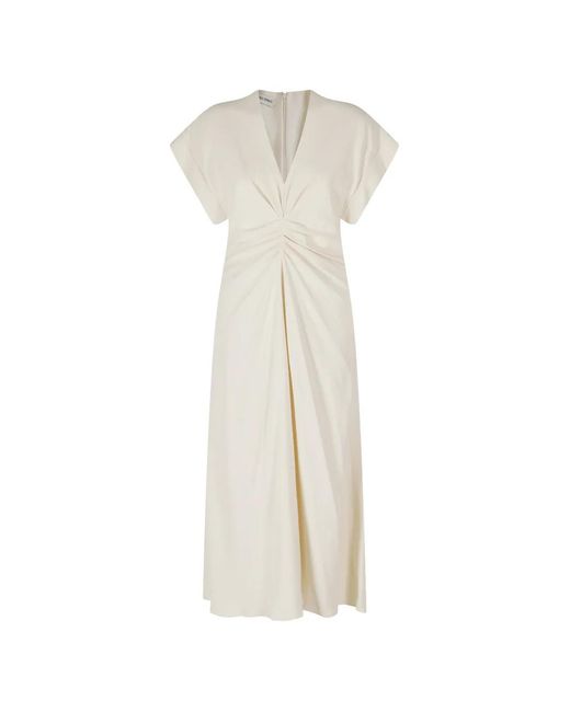 Alberta Ferretti White Gathered V-Neck Midi Dress