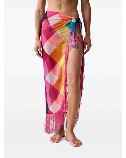 Kurt Geiger Red Fringe-Trim Checked Sarong
