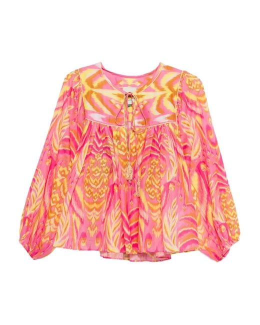 Farm Rio Pink Pineapple Tapestry Tassel-Neckline Patterned Top