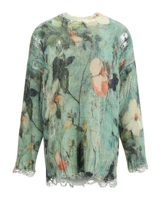 R13 Green Distressed-Pullover mit Blumen-Print