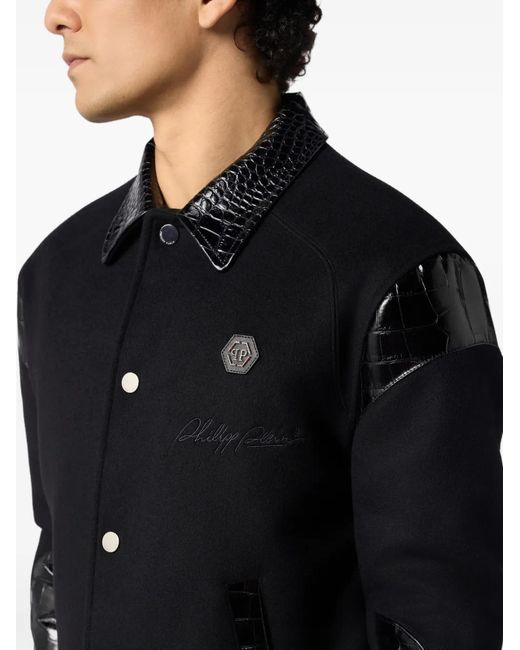 Philipp Plein Black Coster Crocodile-Effect Jacket for men