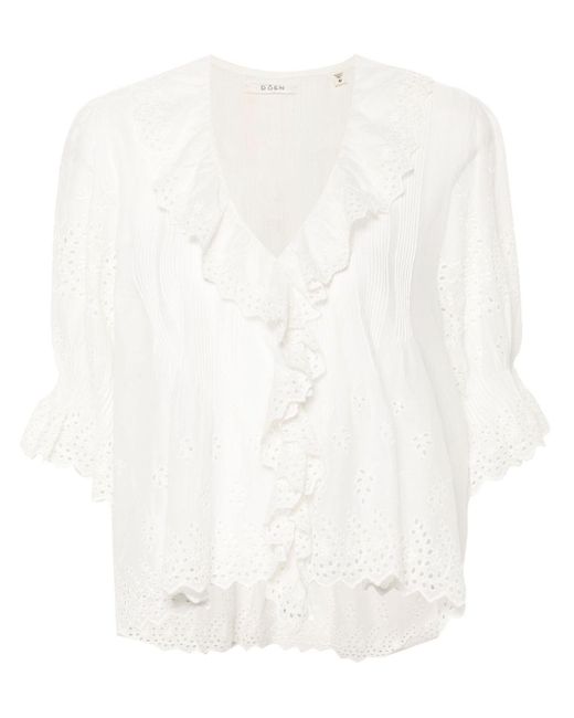 Doen White Henri Ruffled-Detail Blouse