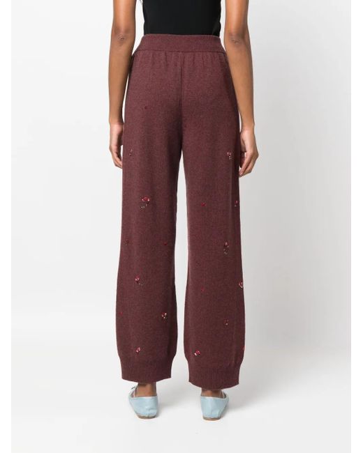 Barrie Red Floral-Embroidery Cashmere Trousers