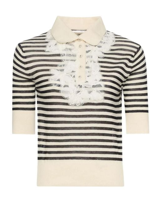 Ermanno Scervino Gray Striped-Pattern Lace-Embellished Top