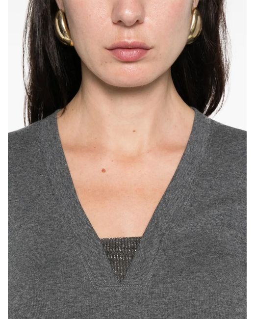 Brunello Cucinelli Gray V-Neck Embellished T-Shirt