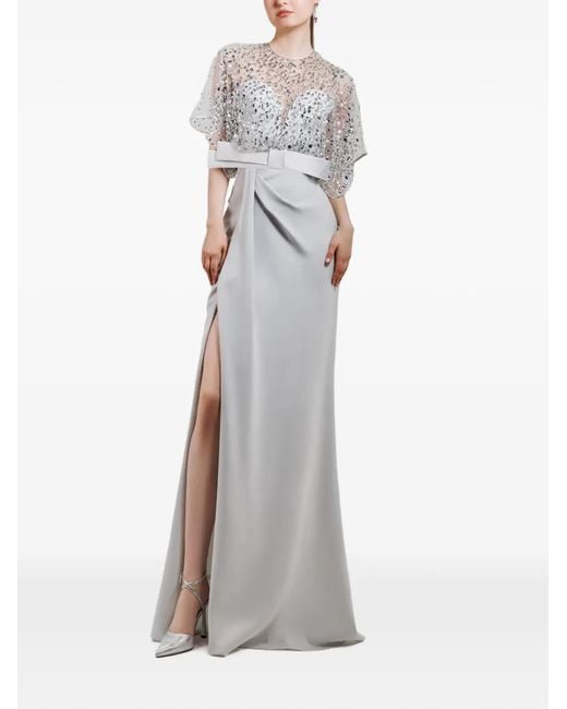 Gemy Maalouf White Beaded Split Maxi Dress