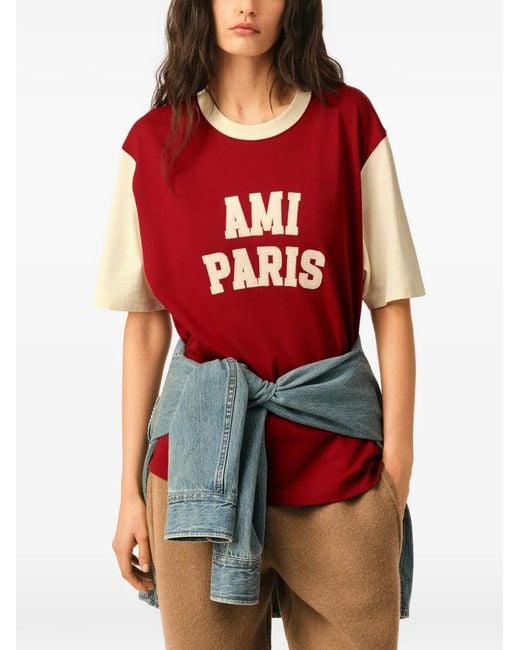 AMI Red Cotton T-Shirt With Embroidery